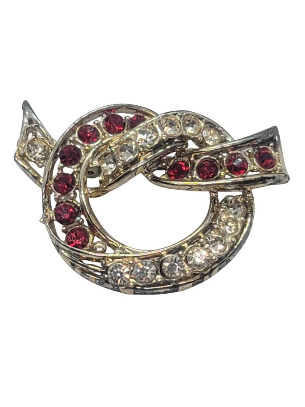 Vintage Gold-Tone Rhinestone Brooch Red & Clear Stones Elegant Swirl Bow Design